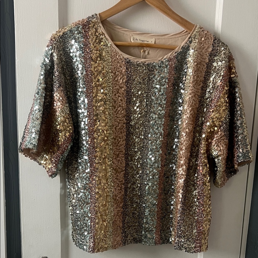 Anthropologie Multicolor Sequin Short Sleeve Top